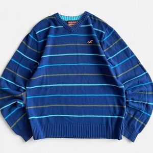 Hollister Blue Striped Cotton Knit V-Neck Sweater